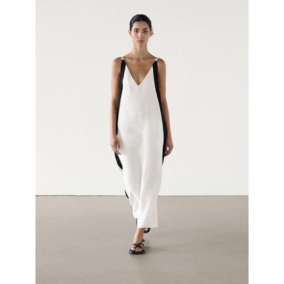 Massimo Dutti Womens Midi Dress XS White Black Linen Sleeveless 6698/231 NWT - Picture 1 of 9